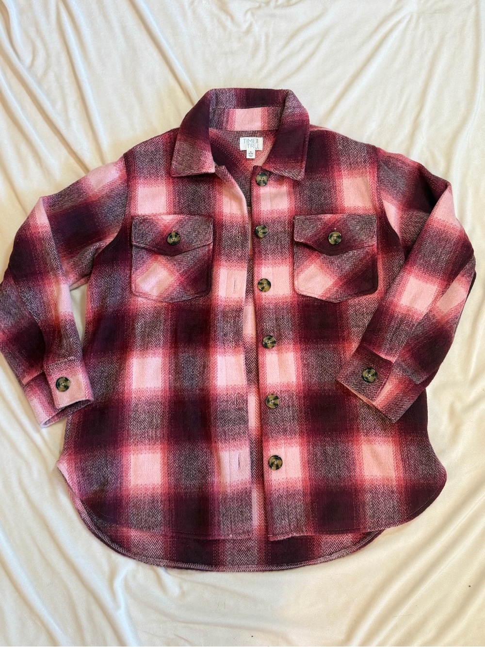 Time and Tru Pink and Burgundy Plaid Button-Front Shacket
